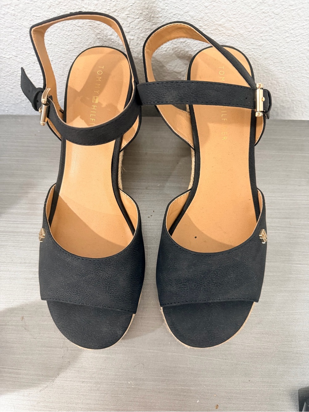 Tommy Hilfiger Black Open-Toe Ankle-Strap wedges with Gold Accent